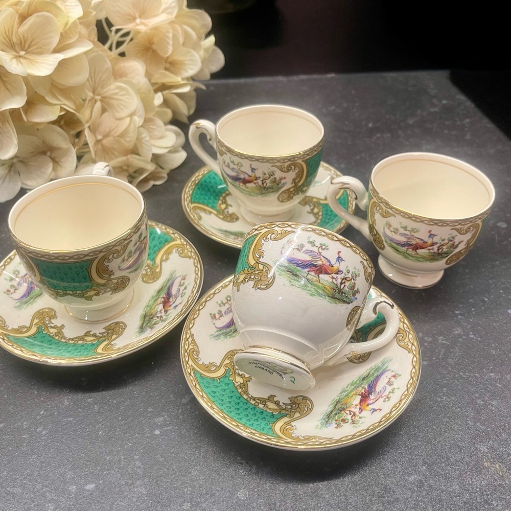 Myott Chelsea Bird Green Demitasse Cup & Saucer Set of 4 | Staffordshire England